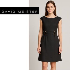 David Meister Textured Little Black Dress 6 cap sleeves hourglass Like New gold